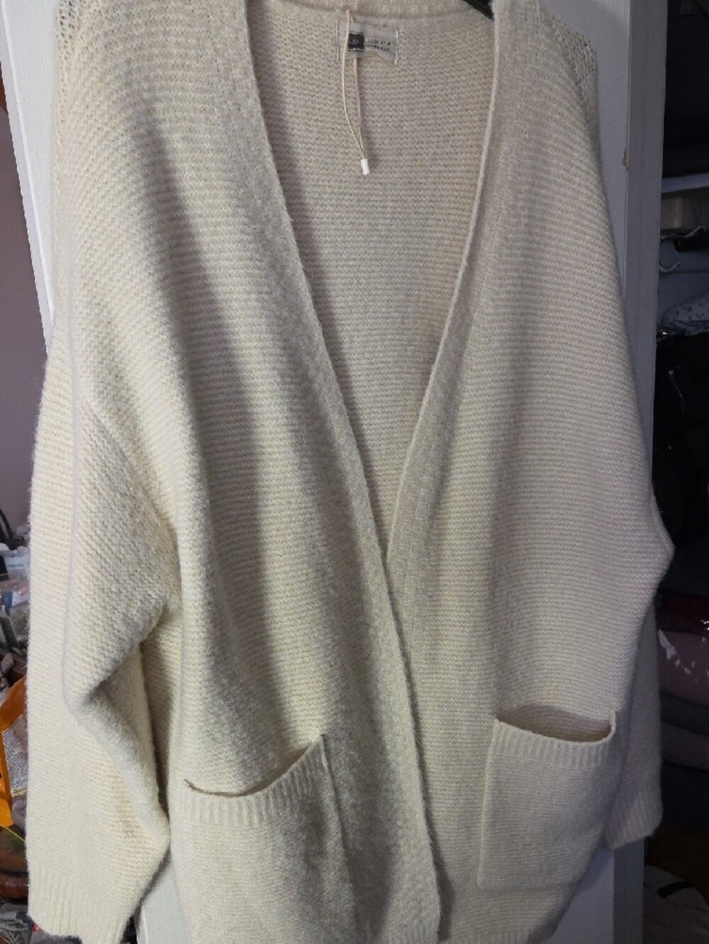 Relaxed Open-Front Cream Knit Cardigan with Pockets - Picture 3 of 4